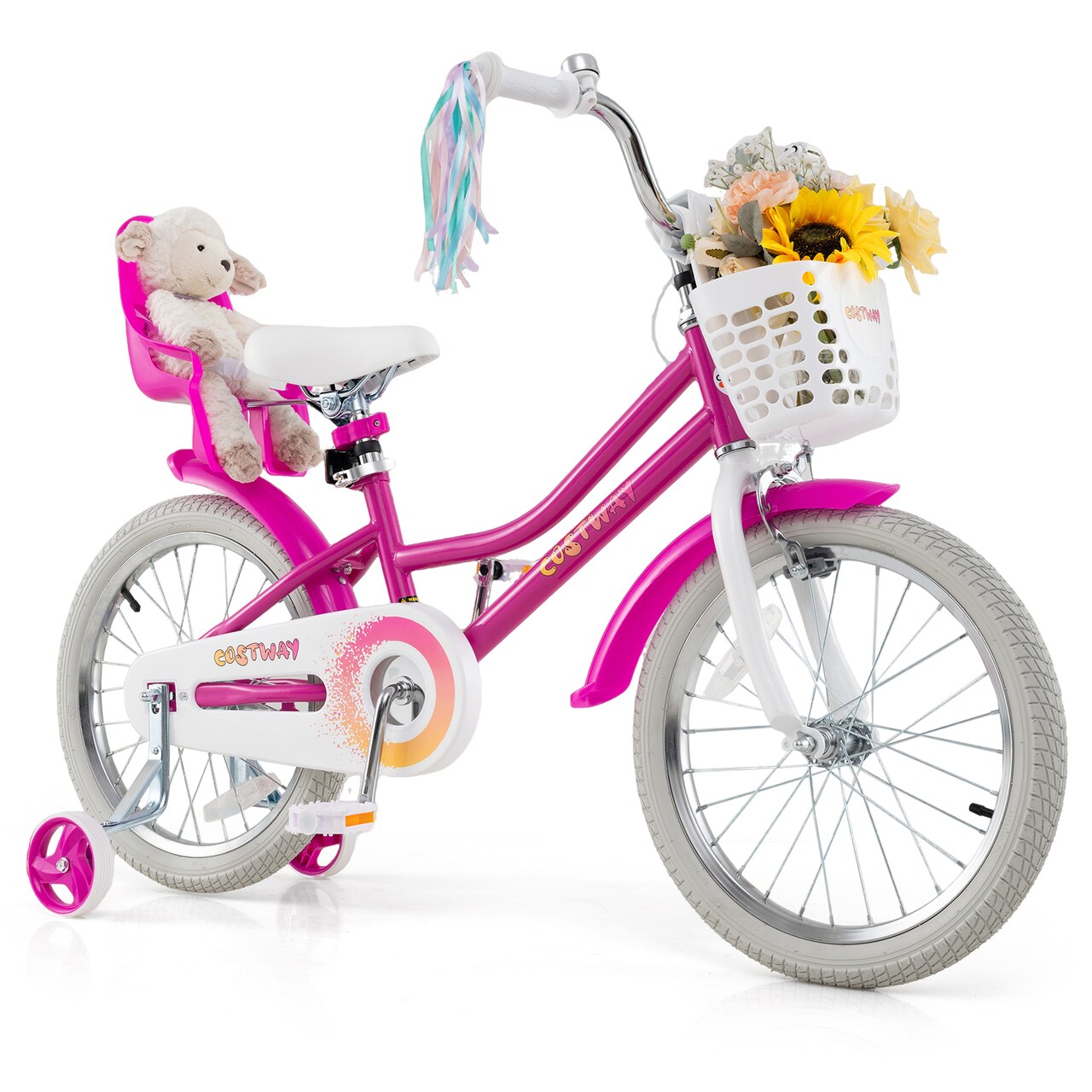 Girls Bike with Basket Doll Seat and Training Wheels Adjustable Pink Bicycle for Kids 3-8